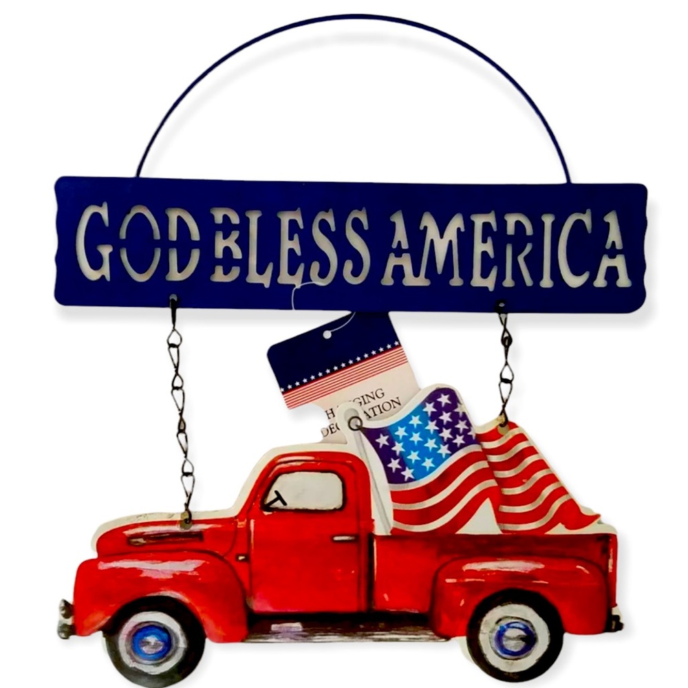 Hanging Patriotic Sign - Welcome Sign - Metal Flag, - Red Truck